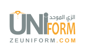 ZE Uniform logo: gray 'UN' and orange 'IFORM' with a collar icon above, Arabic text on the right, and ZEUNIFORM COM URL beneath 